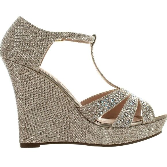 BRAND NEW DE BLOMSSOM COLLECT GLITTER RHINESTONE T-STRAP PLATFORM WEDGE SANDALS - Picture 16 of 16